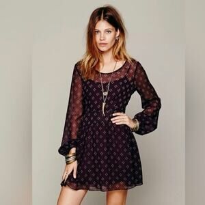 Free People Baby Dee Burgundy Small Long Sleeve Mini Dress